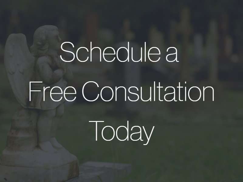 A gravestone with an angel and the text "Schedule a Free Consultation Today" superimposed